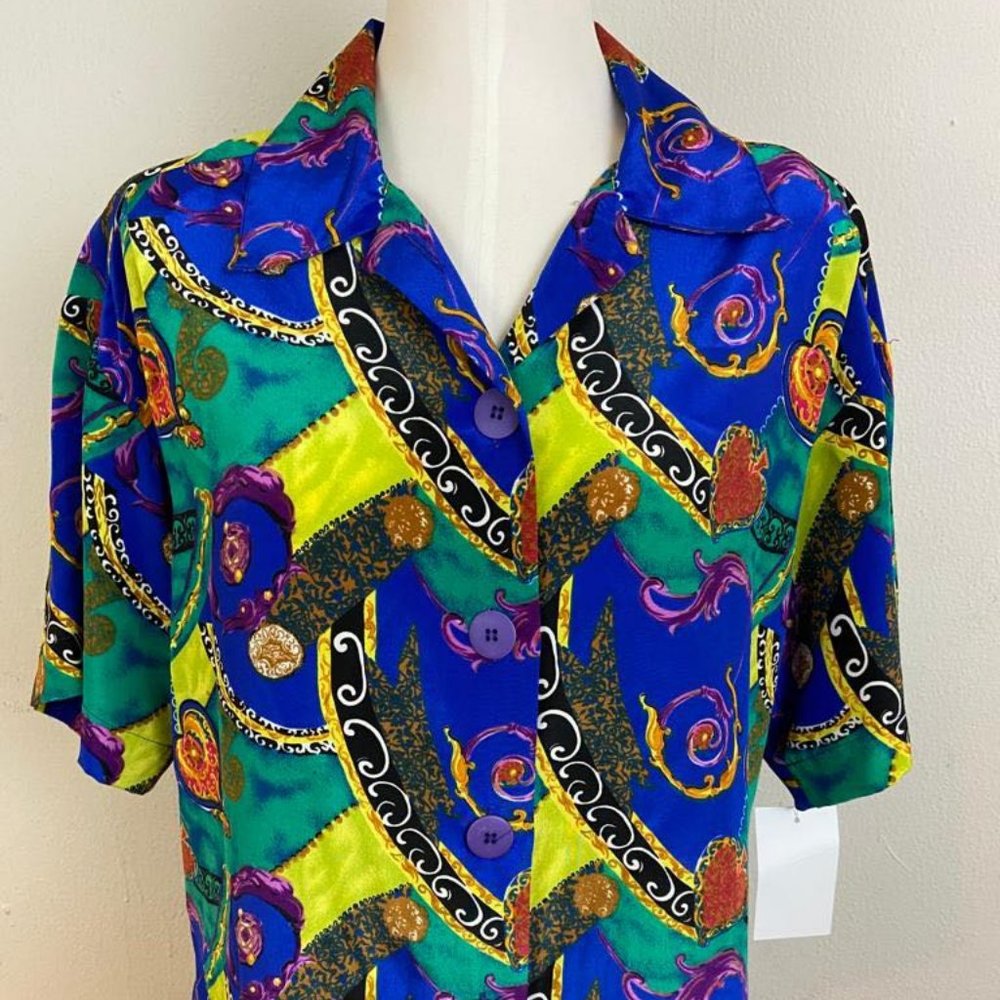 Vintage Notations Chinese Creppe Fabrics Blue Royal over colorful print